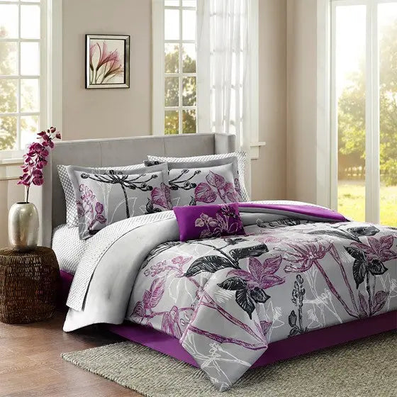 7 Piece Comforter Set with Cotton Bed Sheets Purple Twin