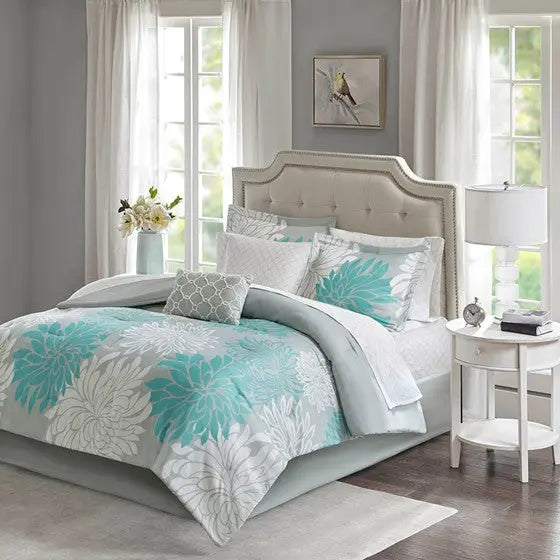 7 Piece Comforter Set with Cotton Bed Sheets Aqua Twin