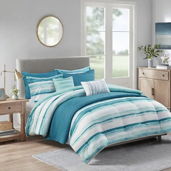 8 Piece Printed Seersucker Comforter and Quilt Set Collection Aqua Full/Queen