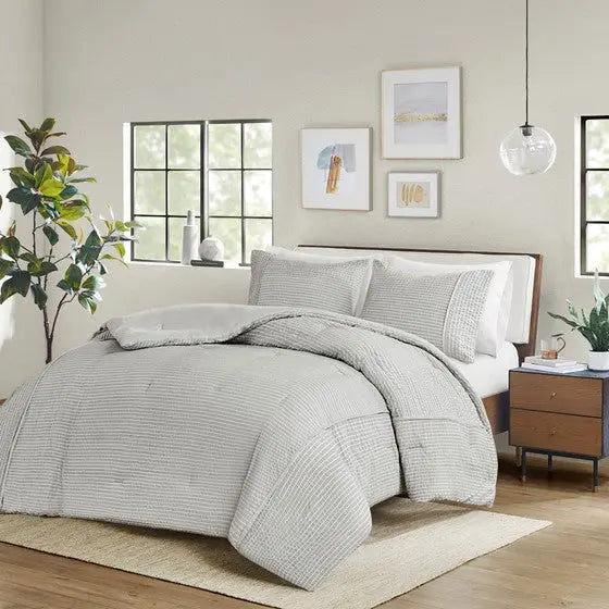 3 Piece Striped Seersucker Oversized Comforter Set Gray Full/Queen