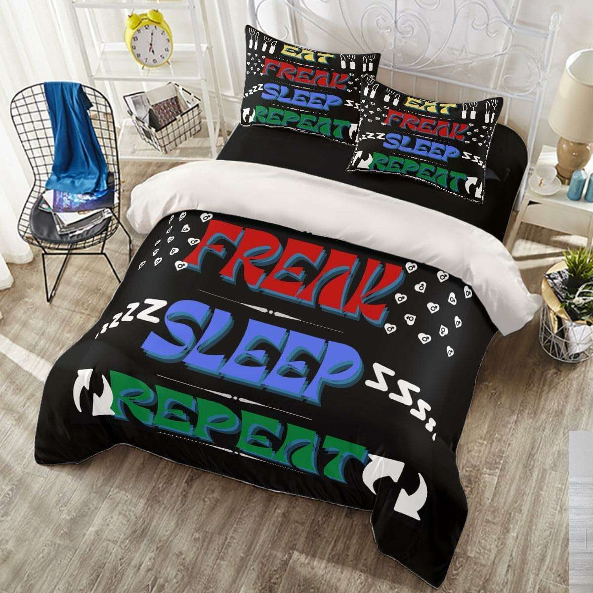 WHITE - "Eat Freak Sleep Repeat" Four-piece Duvet Cover Set - bedding at TFC&H Co.