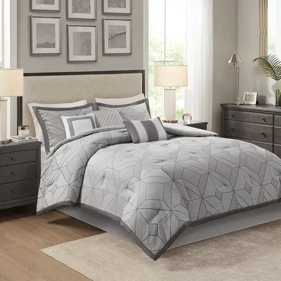 7 Piece Jacquard Comforter Set Gray King