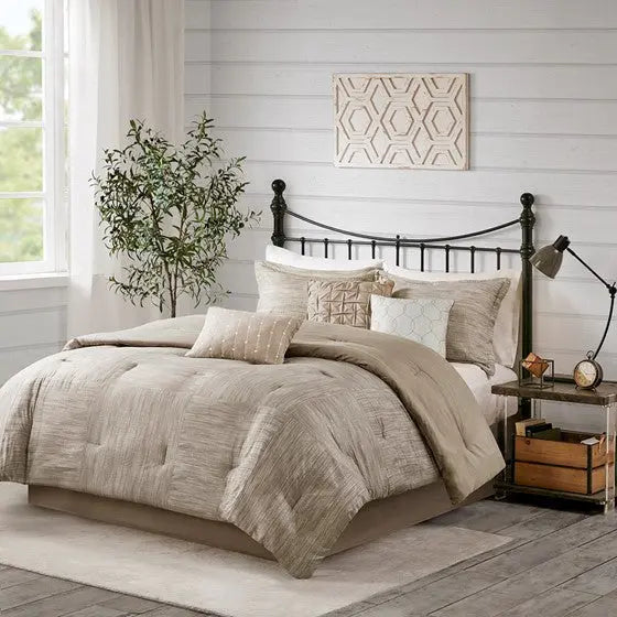 7 Piece Printed Seersucker Comforter Set Taupe Cal King