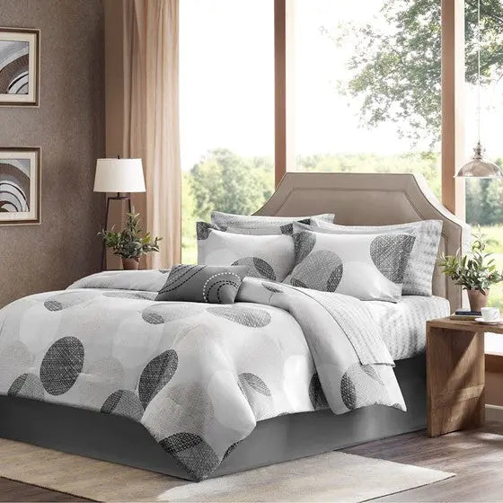 7 Piece Comforter Set with Cotton Bed Sheets Grey Twin