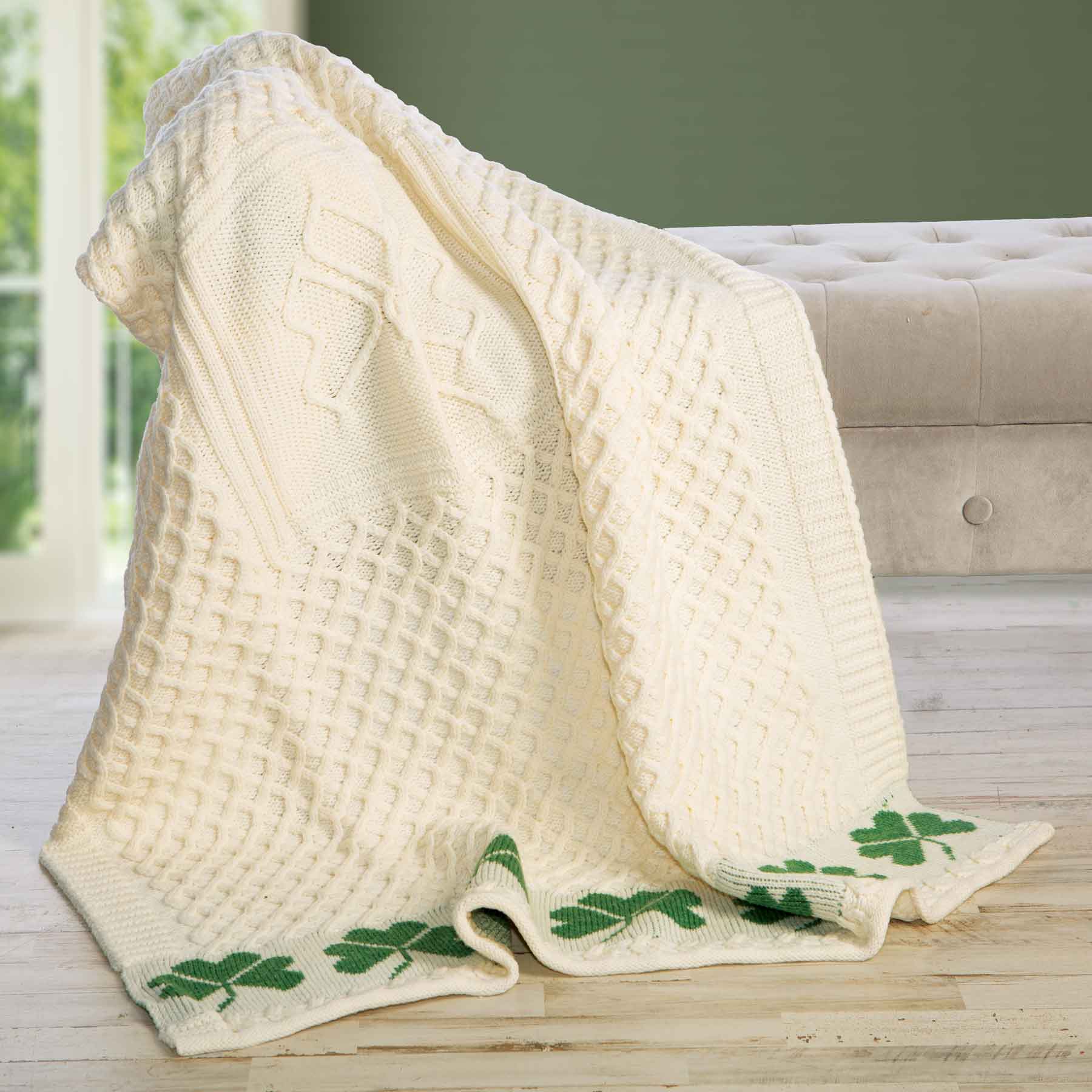 Aran Knit Shamrock Wool Throw Blanket